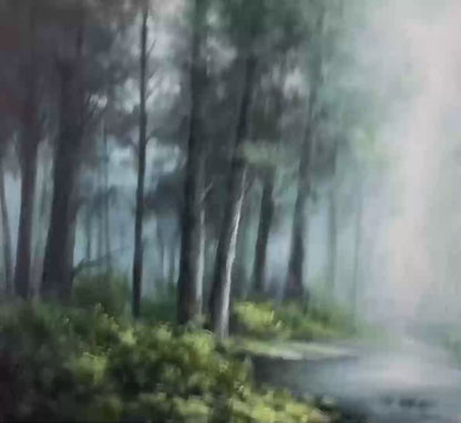 Forest Whispers hand-painted forest green, soft grey and warm earth tones textured forest landscape painting shown with gold frame