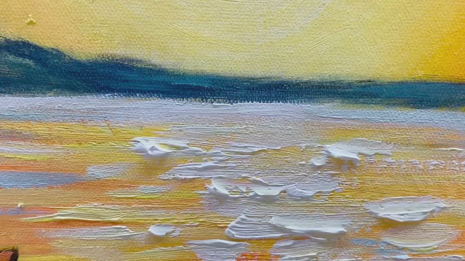 Sailing At Sunset hand-painted ocean blue, ivory and soft neutral tones textured sailboat seascape painting shown with silver frame