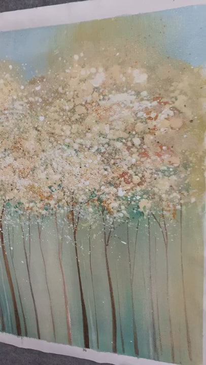 Aspen Glow hand-painted forest green, soft grey and warm earth tones textured forest landscape painting shown with silver frame