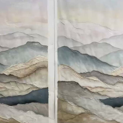 Whispering Ridges hand-painted slate blue, ivory and soft grey textured abstract mountain painting shown with gold frame