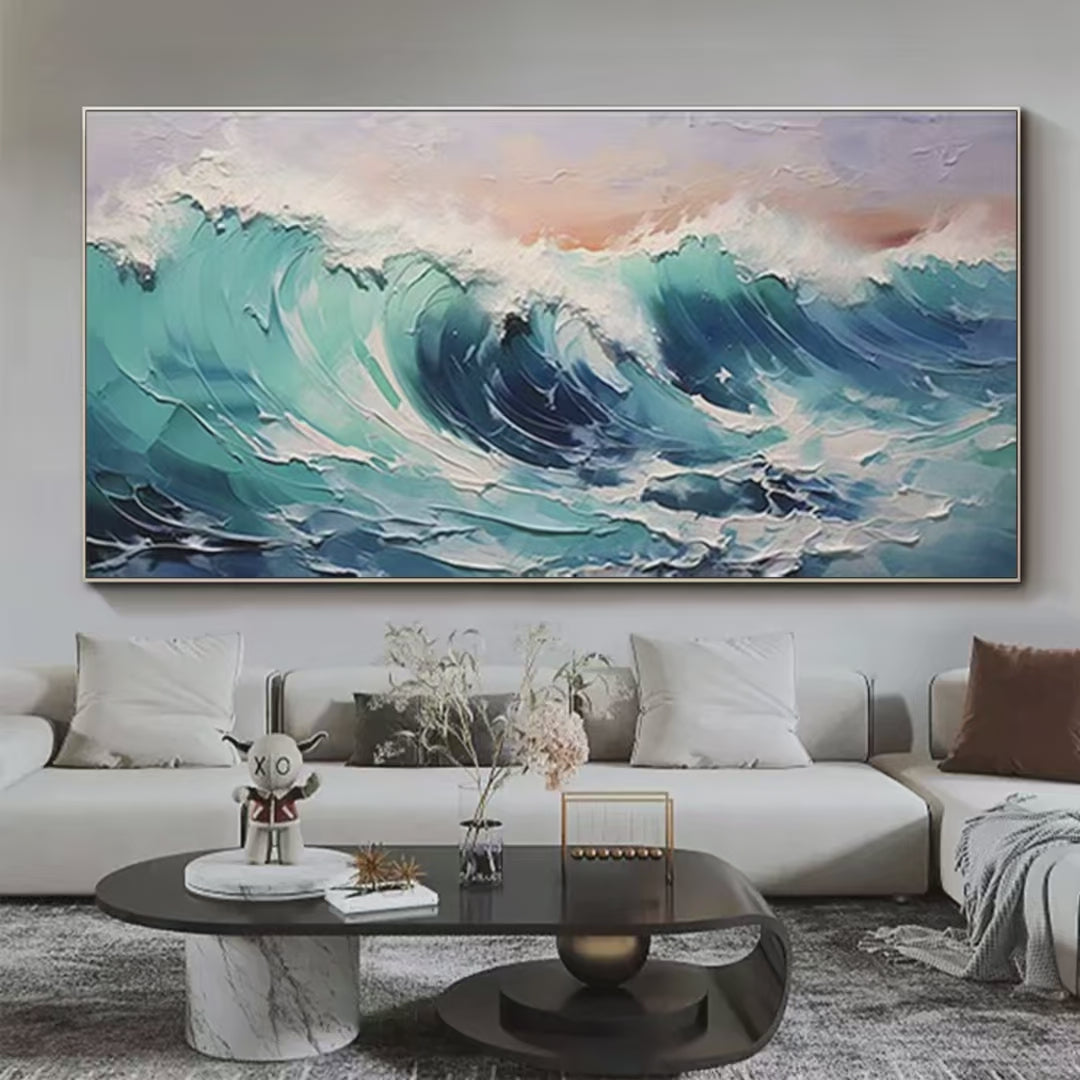 Cresting Wave hand-painted turquoise and ocean blue textured ocean wave painting shown with gold frame