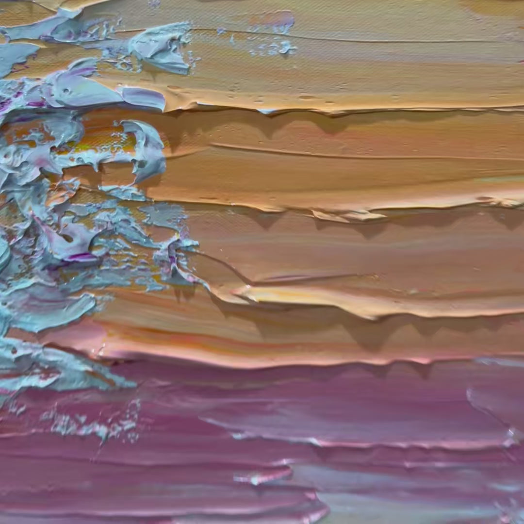 Sunset Surge hand-painted ocean blue, ivory and soft neutral tones textured sunset seascape painting shown with gold frame