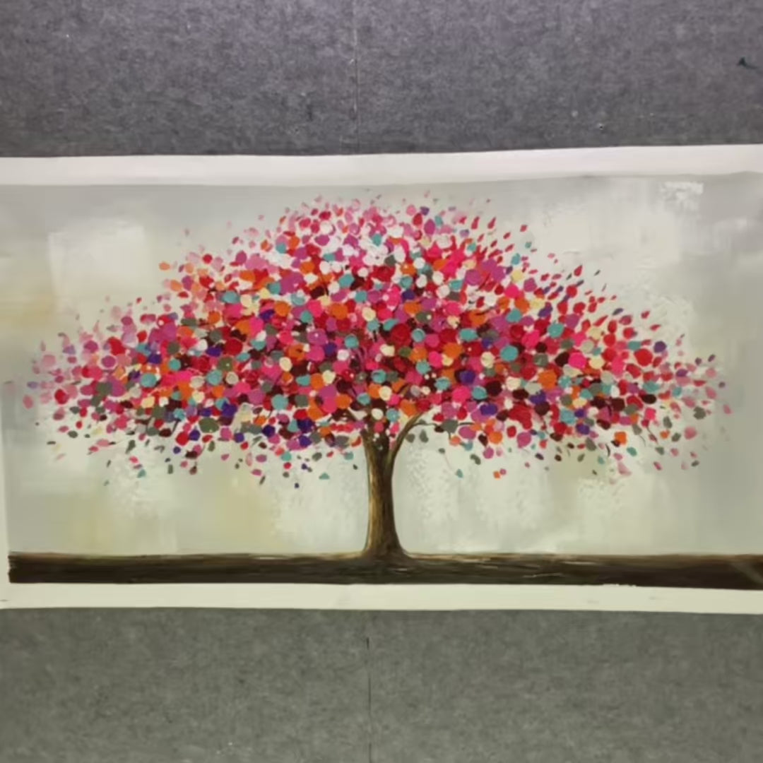 Jewel Tree hand-painted crimson, golden yellow, turquoise and violet textured tree painting shown with silver frame
