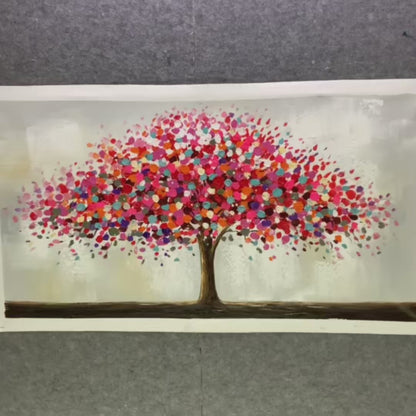 Jewel Tree hand-painted crimson, golden yellow, turquoise and violet textured tree painting shown with silver frame