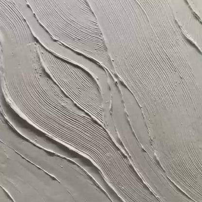 Serene Ripples hand-painted white and soft beige textured coastal abstract painting shown with gold frame