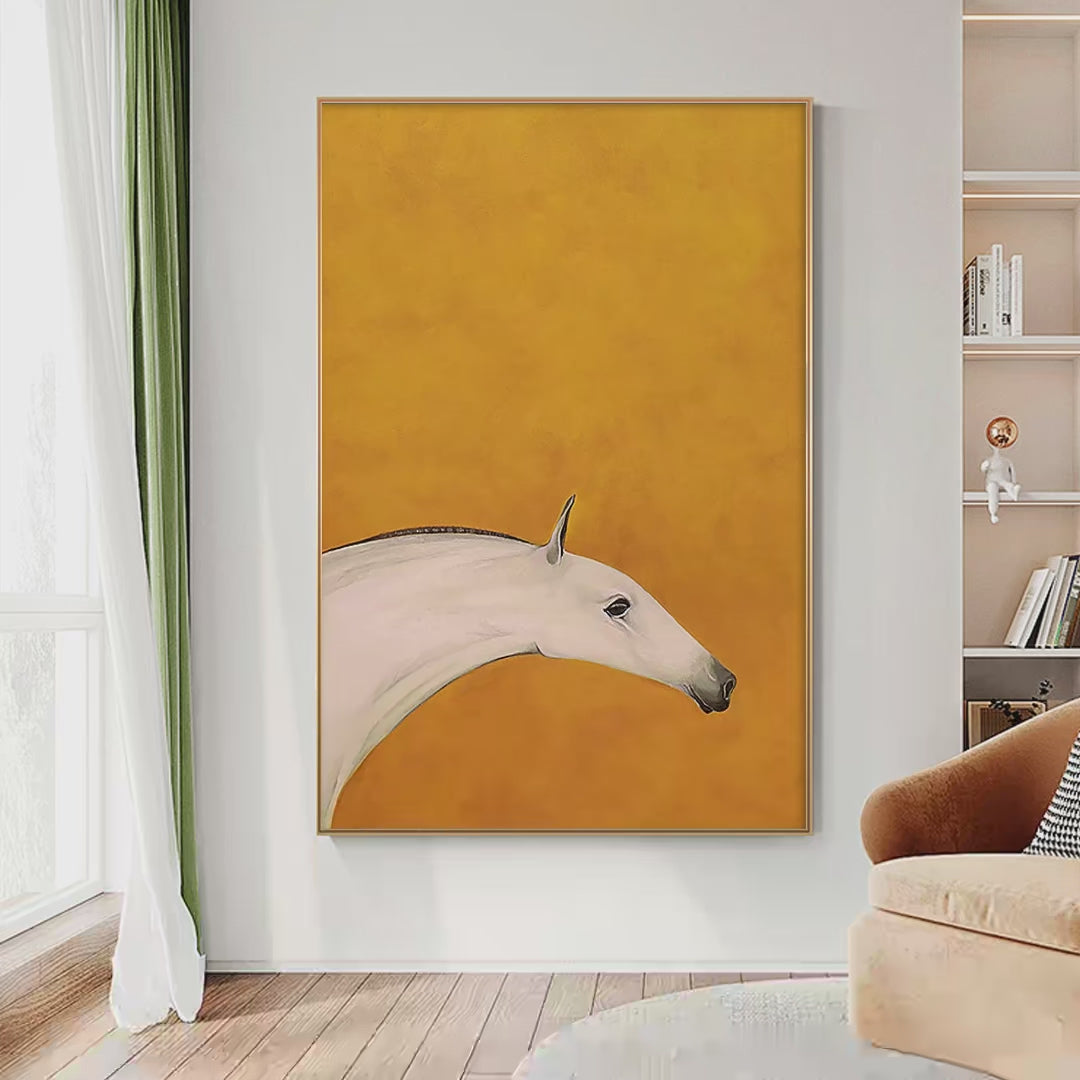 White Horse On Yellow – Minimalist Horse Oil Painting, view 4
