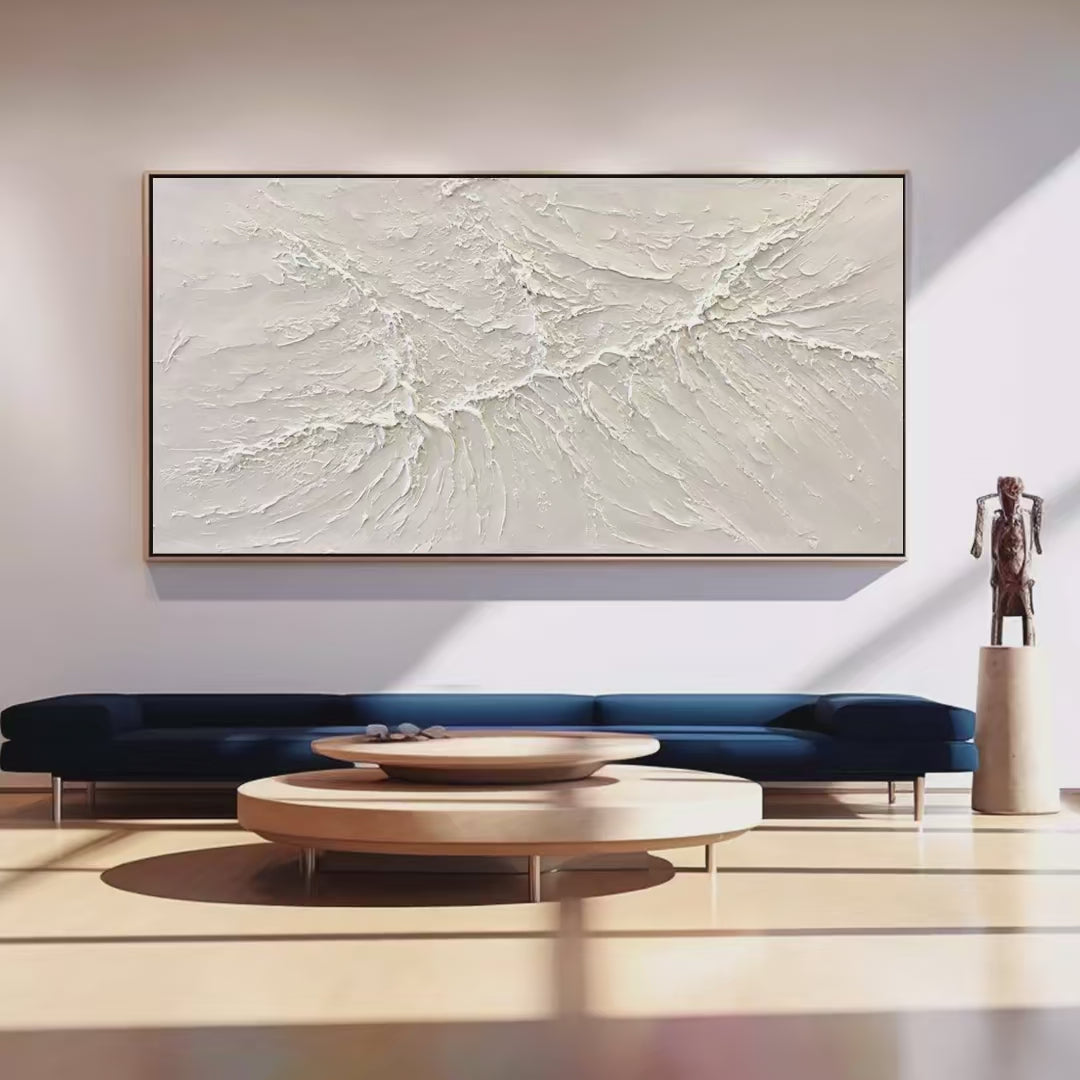 White Sands hand-painted white and soft beige textured coastal abstract painting shown with silver frame