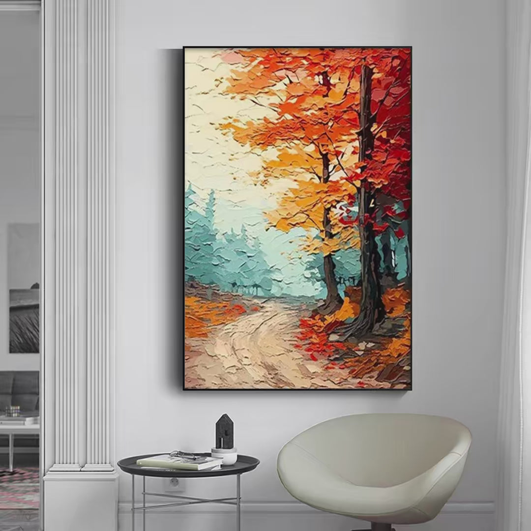 Autumn Path hand-painted ocean blue, orange and red textured forest path painting shown as stretched canvas