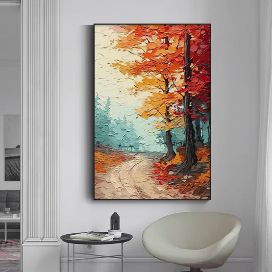 Autumn Path hand-painted ocean blue, orange and red textured forest path painting shown as stretched canvas