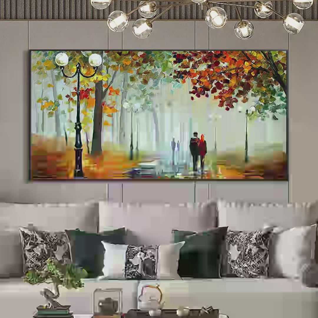 Autumn Park Stroll hand-painted burnt orange, golden yellow and crimson textured park landscape painting shown with silver frame