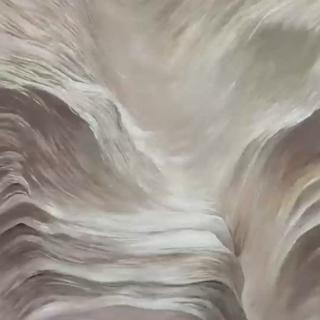 White Sand Dunes hand-painted white and sand textured desert mountain landscape painting shown with silver frame