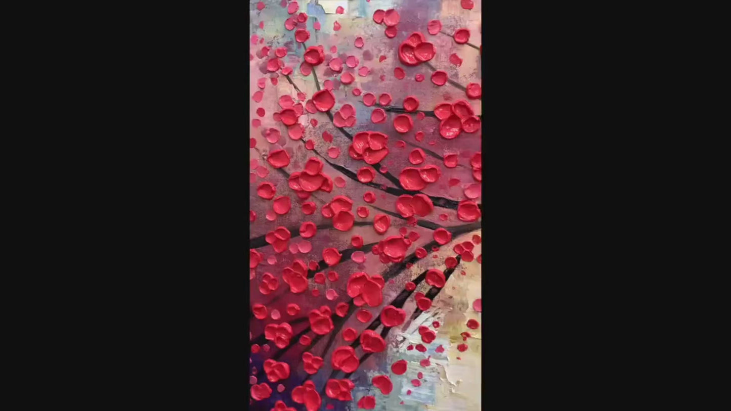 Heart Tree hand-painted red and ivory textured tree painting shown with silver frame
