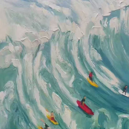 Catching The Wave hand-painted white and ocean blue textured surfer ocean painting shown with gold frame