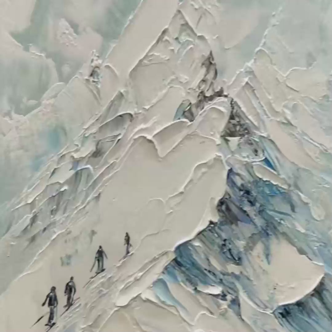 Ascent hand-painted white, soft grey and slate blue textured mountain landscape painting shown with gold frame