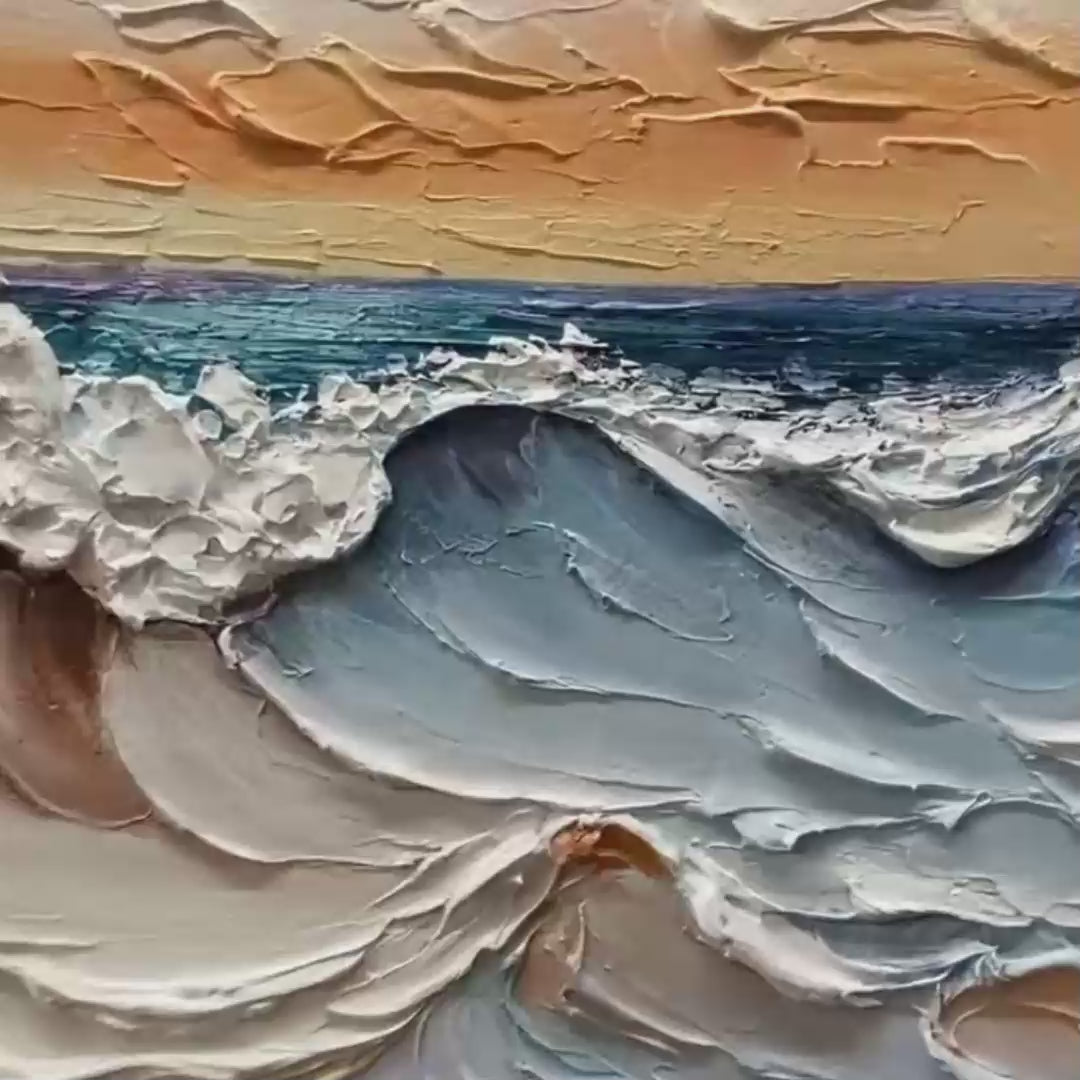Frozen Tide hand-painted white and ocean blue textured ocean wave painting shown with gold frame
