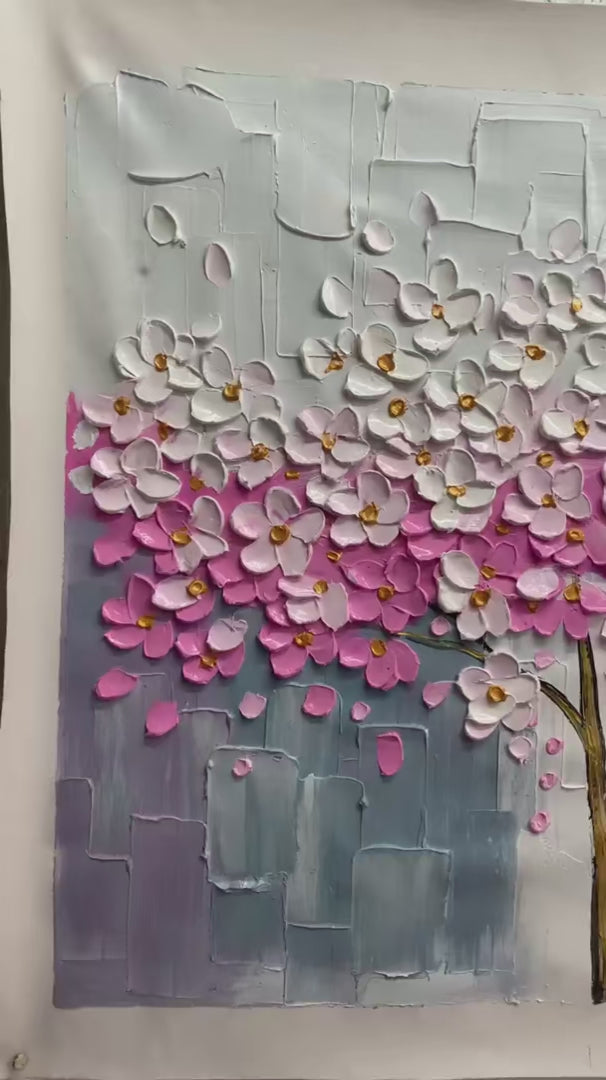 Spring Blossom hand-painted white and pink textured blossom tree painting shown with silver frame
