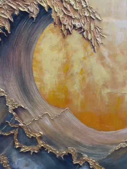 Golden Wave Dreams hand-painted turquoise, ocean blue and gold textured ocean wave painting shown with gold frame