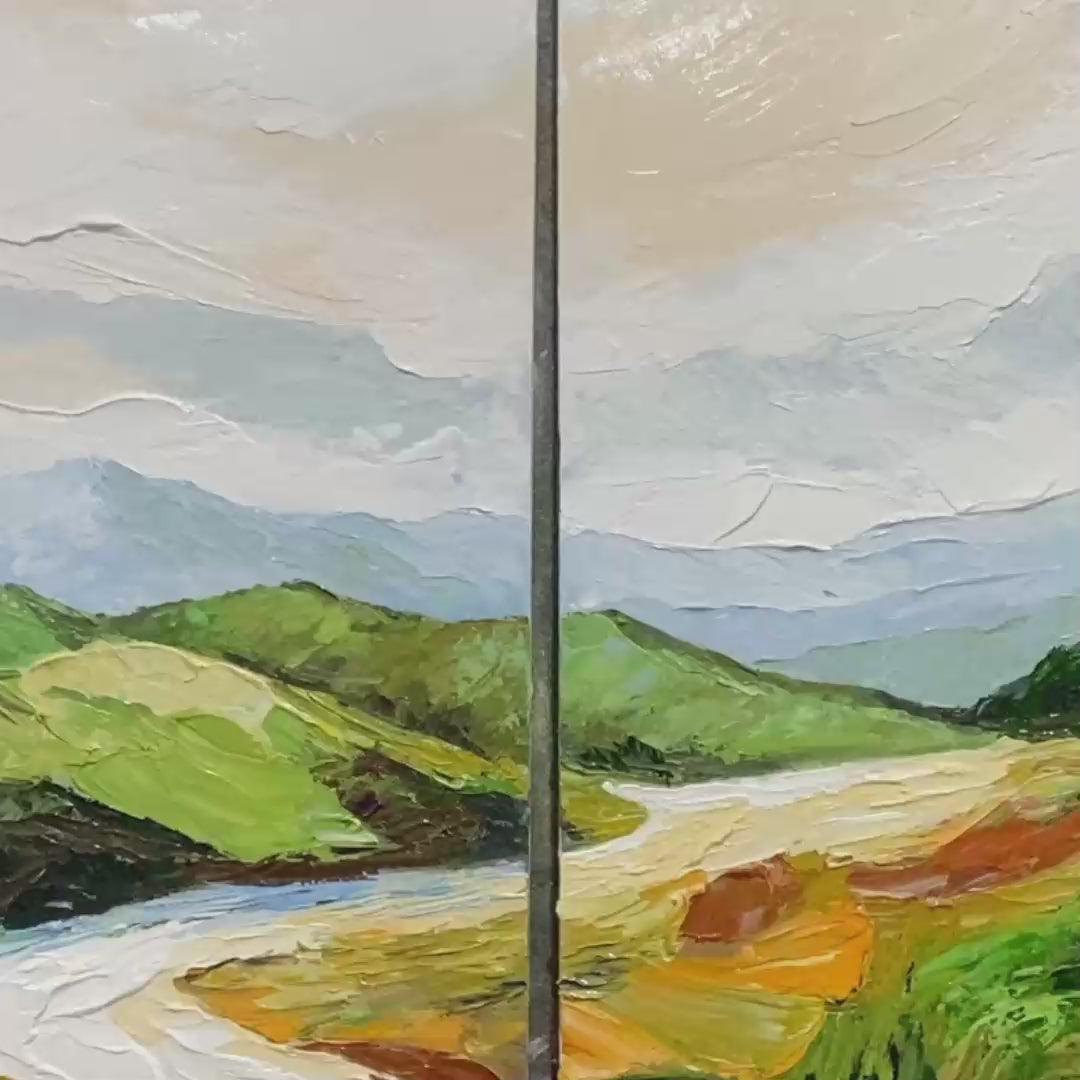River Valley Duet hand-painted slate blue, ivory and soft grey textured mountain river landscape painting shown with gold frame