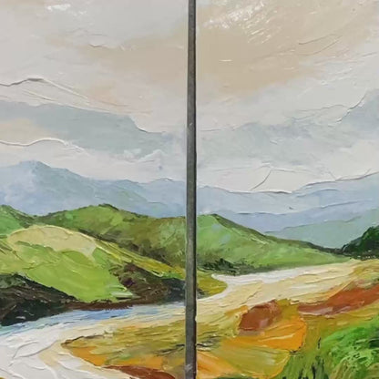 River Valley Duet hand-painted slate blue, ivory and soft grey textured mountain river landscape painting shown with gold frame
