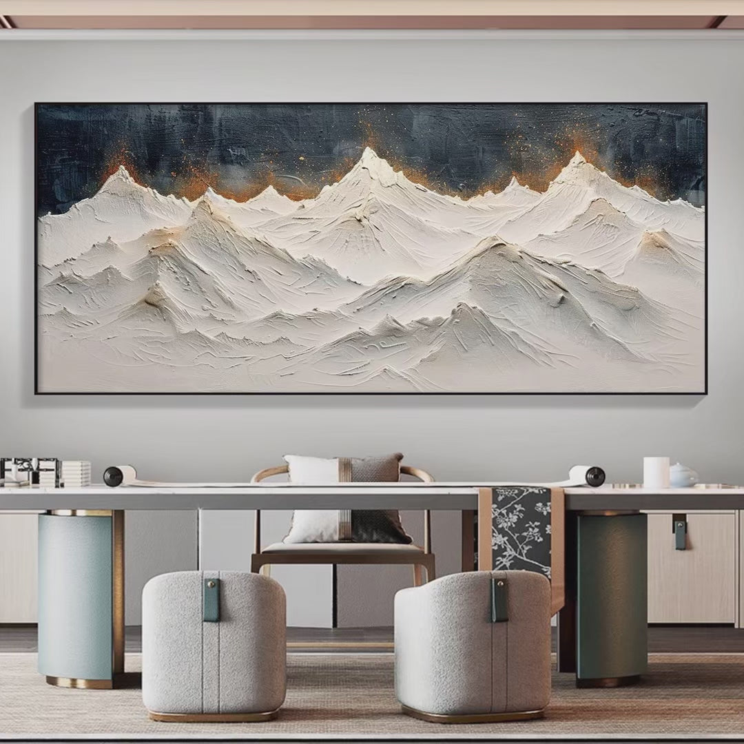 Snowy Peaks hand-painted white and gold textured mountain landscape painting shown as stretched canvas