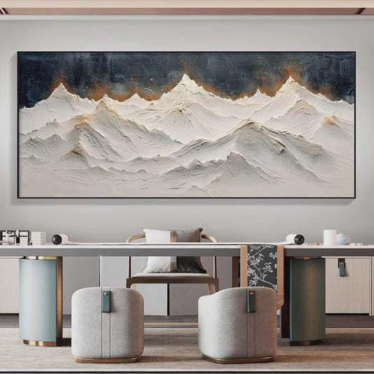 Snowy Peaks hand-painted white and gold textured mountain landscape painting shown as stretched canvas
