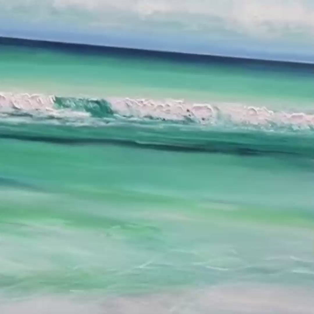 Turquoise Dream hand-painted turquoise and ivory textured seascape painting shown with gold frame