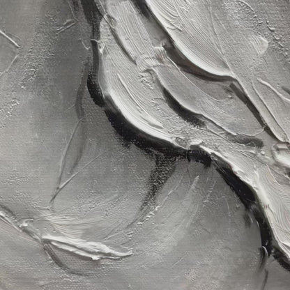Frozen Peaks hand-painted white, soft grey and slate blue textured mountain landscape painting shown with silver frame