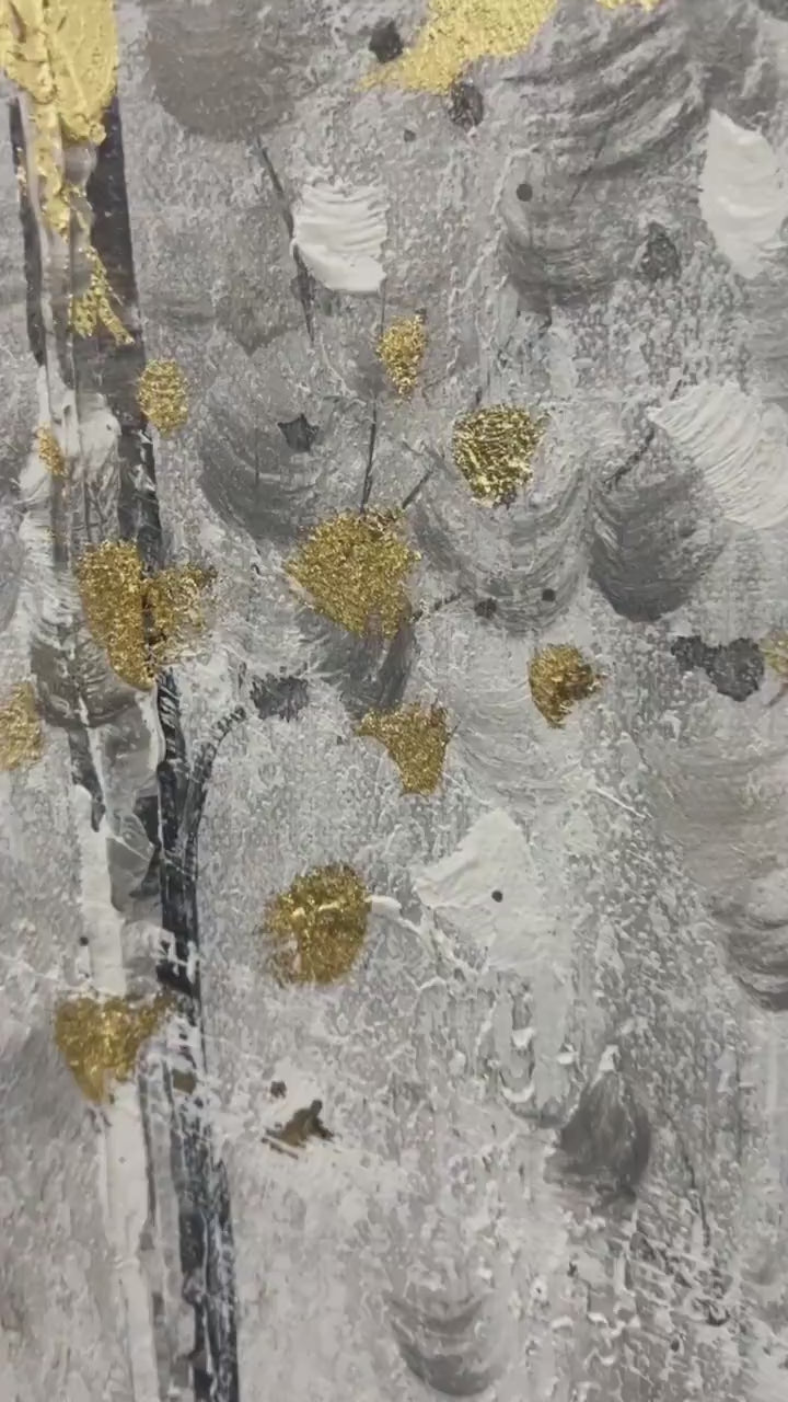 Golden Birchwood hand-painted gold and ivory textured forest landscape painting shown with silver frame