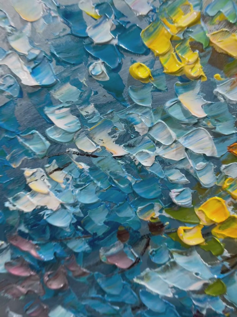 Spectrum of Joy hand-painted crimson, golden yellow, turquoise and violet textured tree painting shown with silver frame
