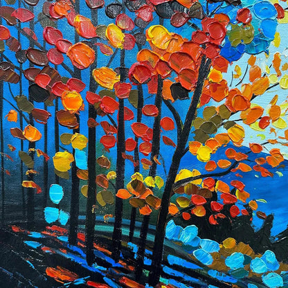 Autumn Vibes hand-painted crimson, golden yellow, turquoise and violet textured forest landscape painting shown with gold frame