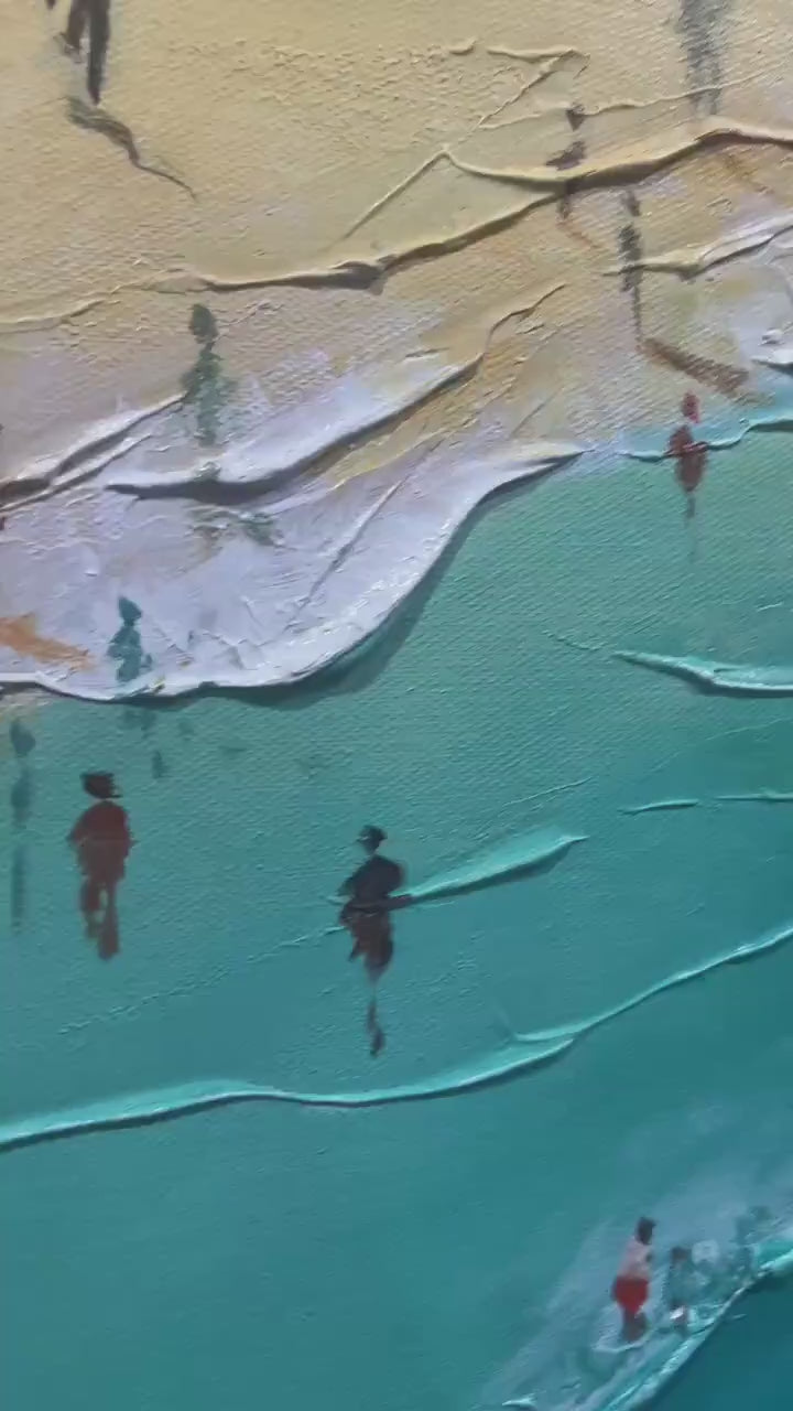 Summer Afternoon hand-painted turquoise and ivory textured beach scene painting shown with gold frame
