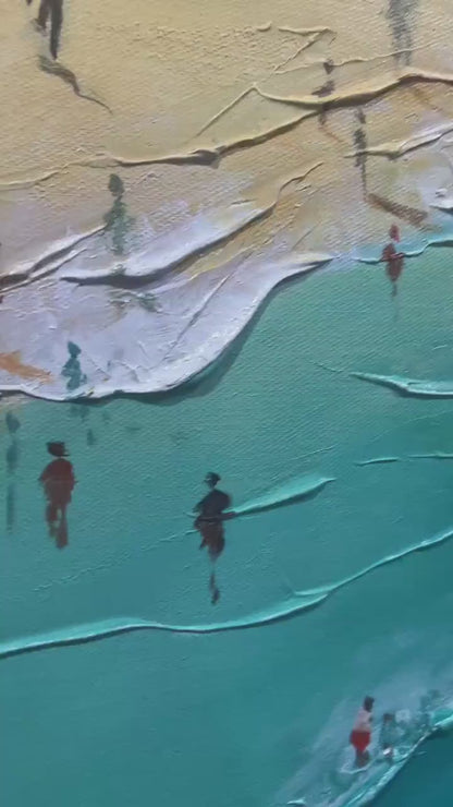 Summer Afternoon hand-painted turquoise and ivory textured beach scene painting shown with gold frame