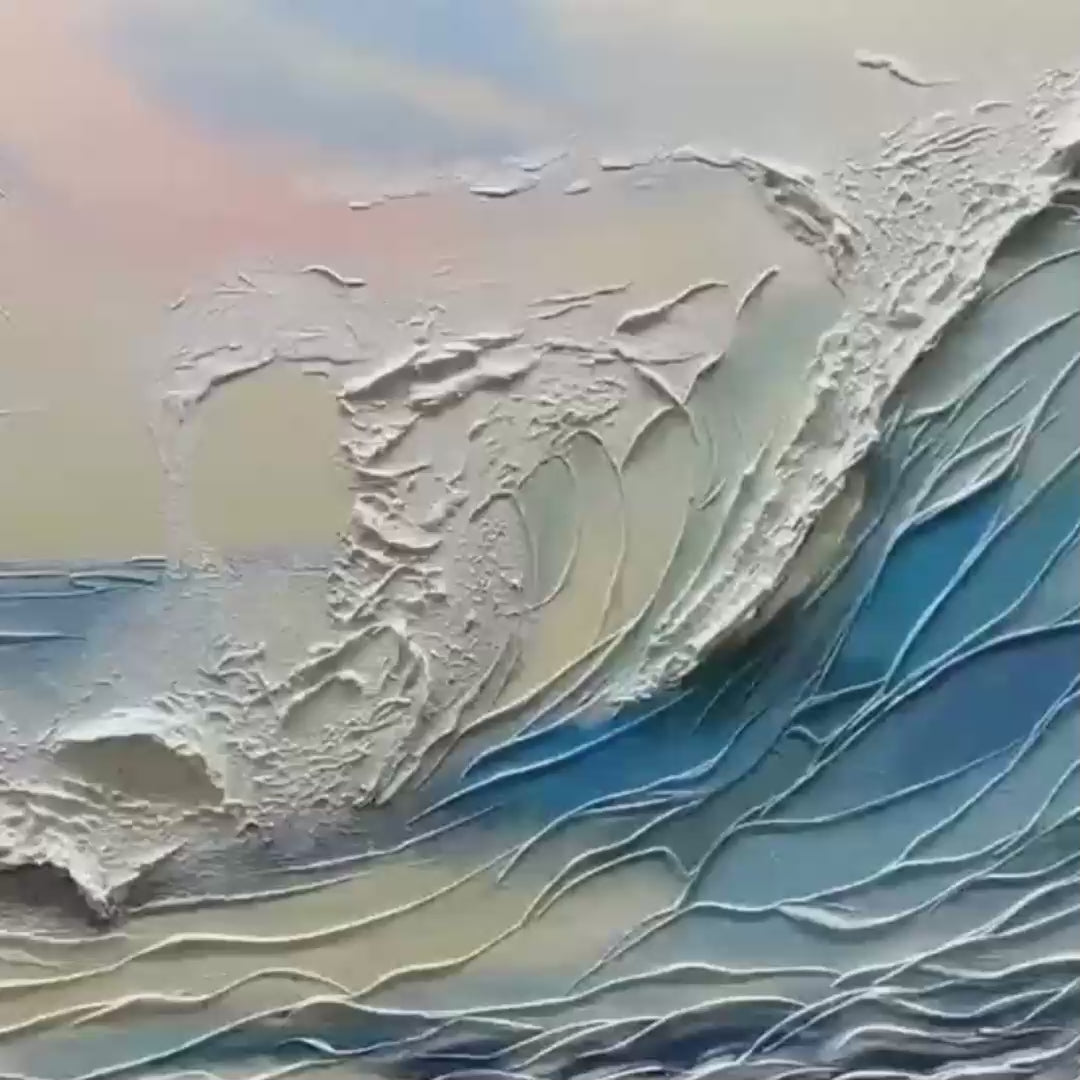Cresting Wave hand-painted ocean blue, ivory and soft neutral tones textured ocean wave painting shown with gold frame
