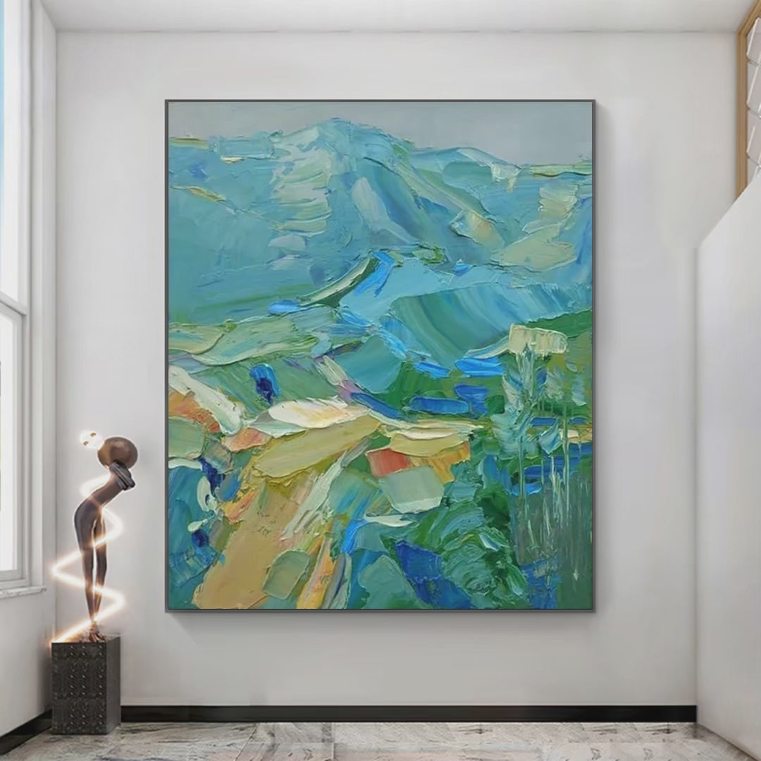 Blue Ridge Mountains hand-painted ocean blue and ivory textured mountain landscape painting shown with silver frame