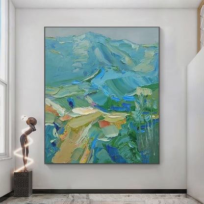 Blue Ridge Mountains hand-painted ocean blue and ivory textured mountain landscape painting shown with silver frame