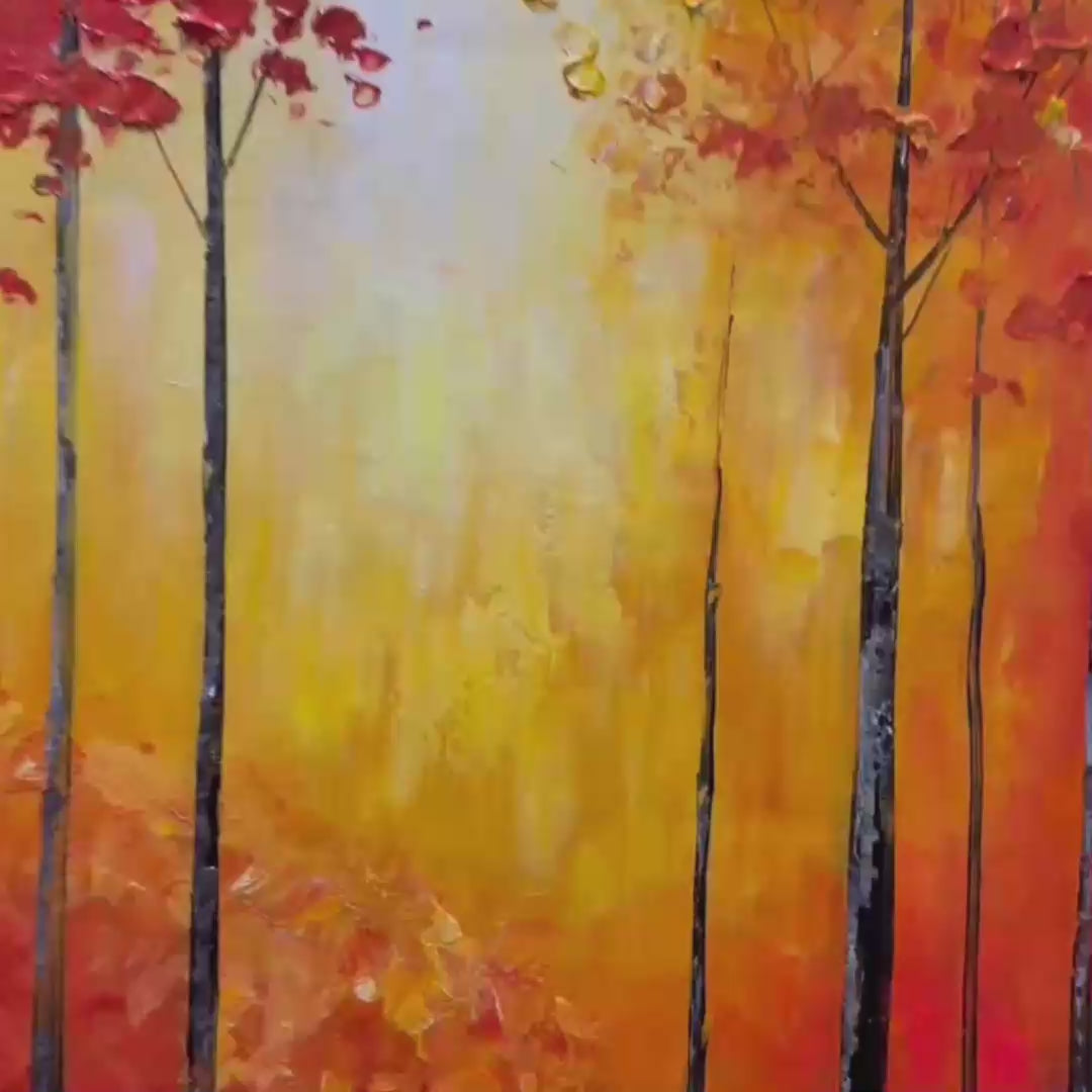 Autumn Glow hand-painted gold, orange and red textured forest landscape painting shown with gold frame