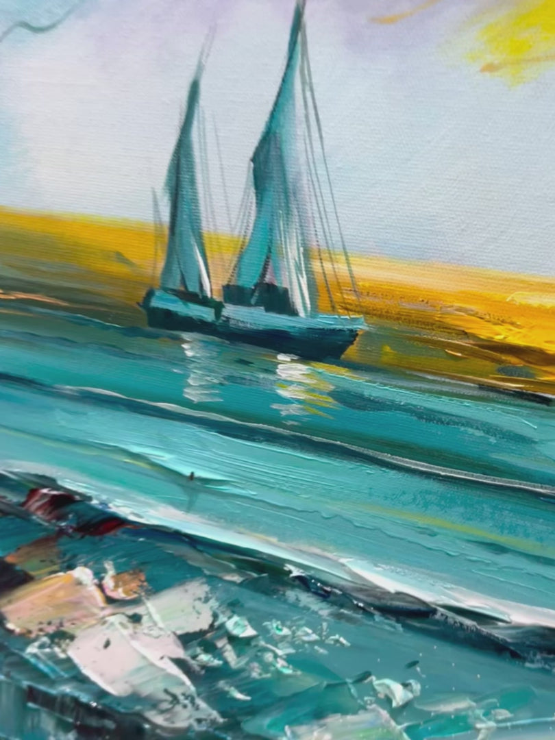 Golden Horizon hand-painted gold and ivory textured sailboat seascape painting shown with silver frame