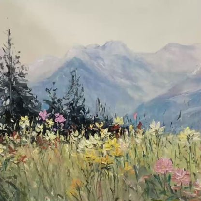 Alpine Serenity hand-painted white, soft grey and slate blue textured mountain meadow painting shown with gold frame