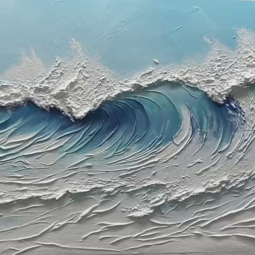 Cresting Wave hand-painted white and ocean blue textured ocean wave painting shown with gold frame
