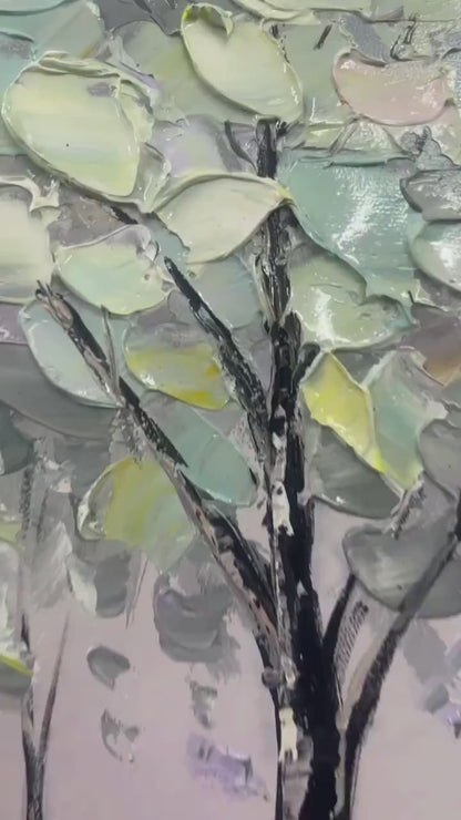 Serene Waters hand-painted ocean blue and green textured forest landscape painting shown with silver frame