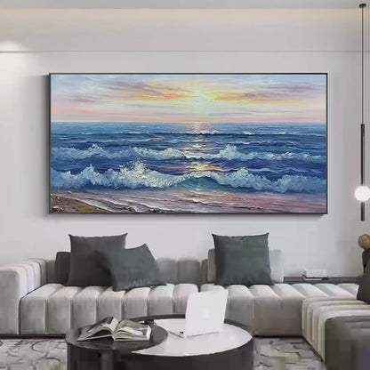 Golden Sunset Serenade hand-painted gold and ivory textured sunset seascape painting shown with silver frame
