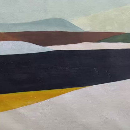 Solitary Figure hand-painted slate blue, ivory and soft grey textured abstract mountain painting shown with gold frame