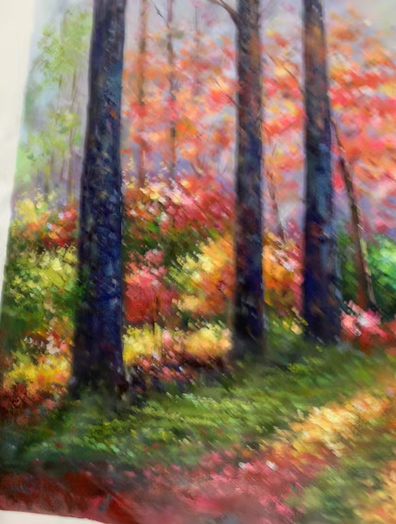 Autumn Forest Path hand-painted crimson, golden yellow, turquoise and violet textured forest path painting shown with silver frame