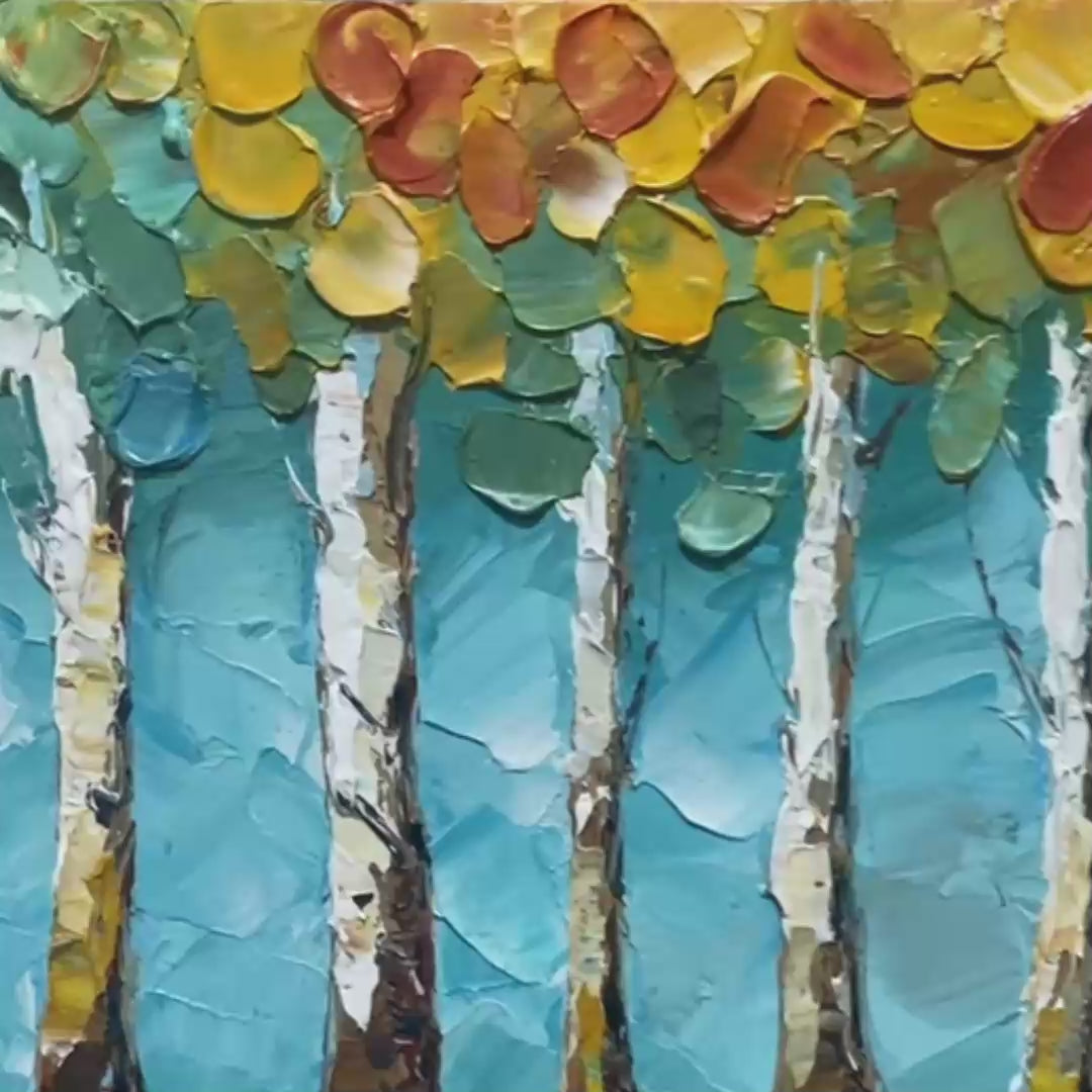 Golden Aspen Grove hand-painted gold and ivory textured forest landscape painting shown with gold frame