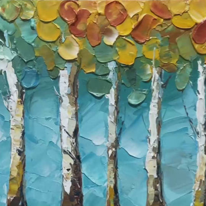 Golden Aspen Grove hand-painted gold and ivory textured forest landscape painting shown with gold frame