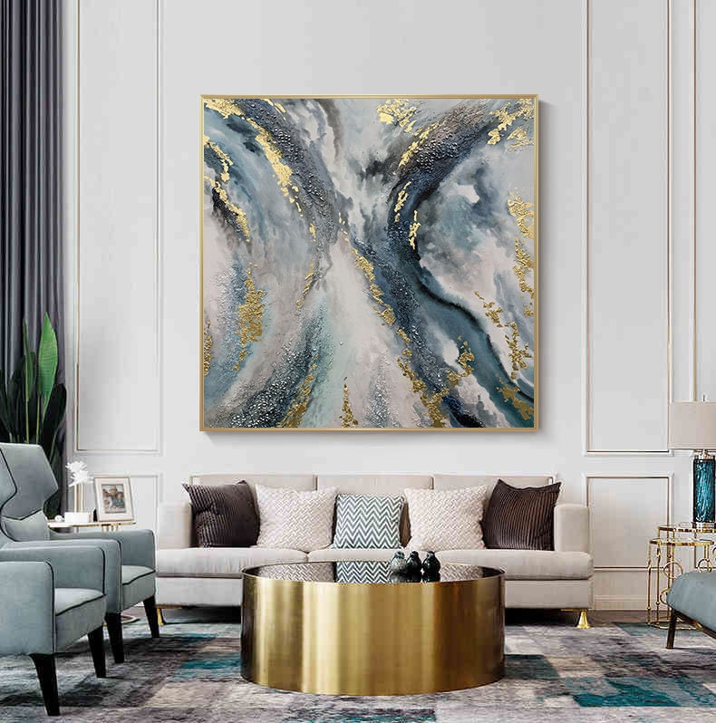 Large Gold Leaf Blue – Blue and Gold Botanical Leaf Wall Art | Abstract Oil Painting, view 4