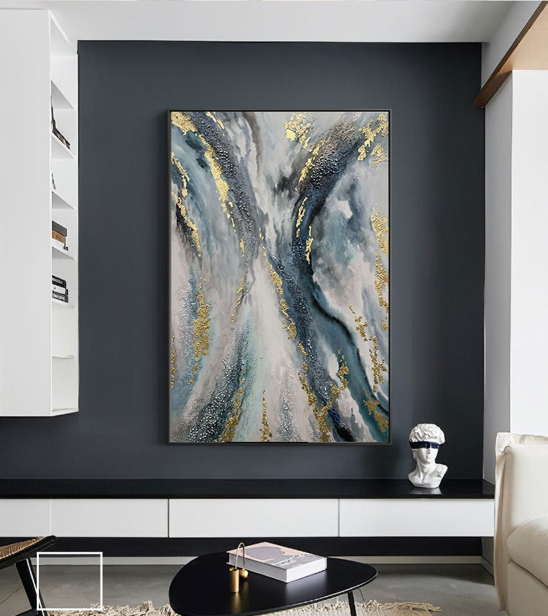 Blue and Gold Abstract Botanical Leaf Wall Art – Large Gold Leaf Blue