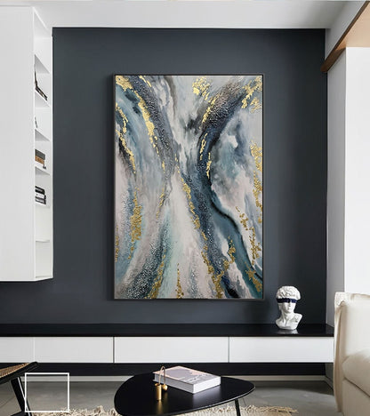 Blue and Gold Abstract Botanical Leaf Wall Art – Large Gold Leaf Blue