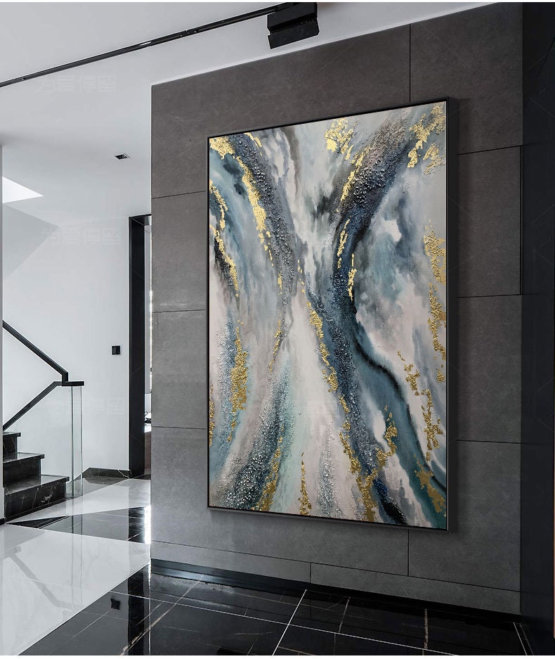 Blue and Gold Abstract Botanical Leaf Wall Art – Large Gold Leaf Blue