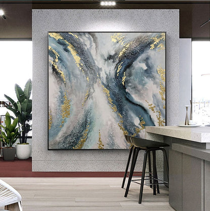 Large Gold Leaf Blue – Blue and Gold Botanical Leaf Wall Art | Abstract Oil Painting, view 2